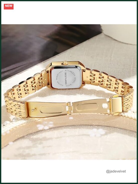 Women\'s Quartz Wrist Watch Gold Steel Strap Rectangle Dial Casual